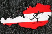Imagen de un esquiador de fondo sobre el mapa de Austria.