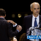 Toni Martí saluda Xavier Espot durant la celebració de la Festa Magna.